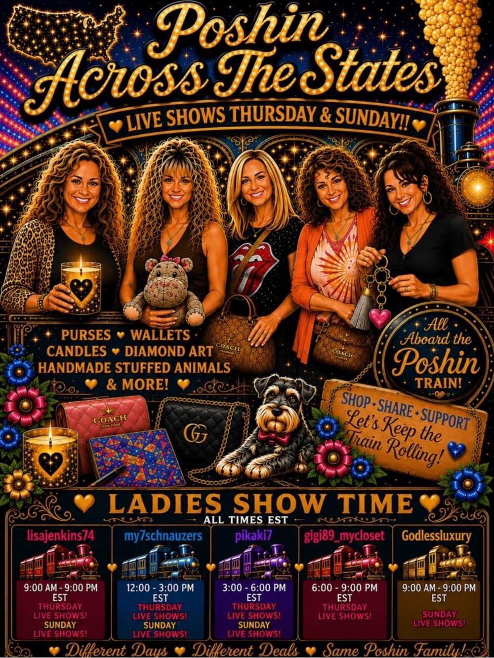 Poshin Across The States Ladies Show Time Poster - Gold & Black